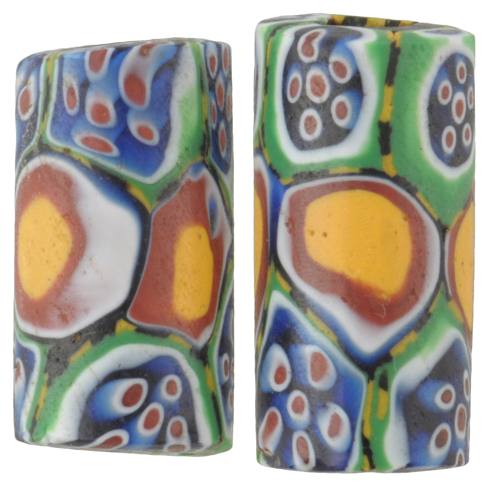 African trade beads old Millefiori Venetian mosaic glass beads Peacock rare pair SB-34833