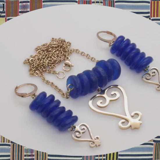 Handmade African Earrings & Adinkra Sankofa Pendant with Cobalt Blue Beads