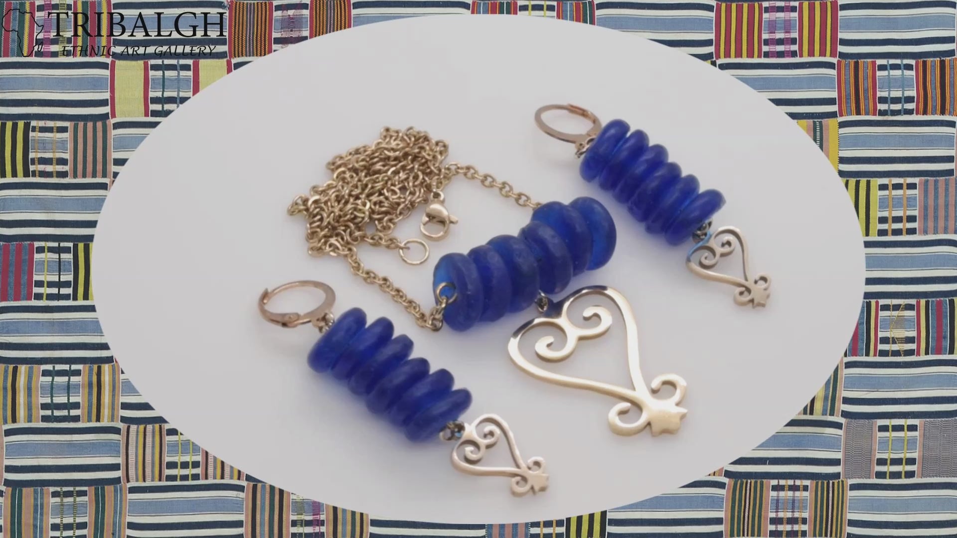 Handmade African Earrings & Adinkra Sankofa Pendant with Cobalt Blue Beads