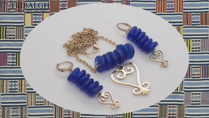 Handmade African Earrings & Adinkra Sankofa Pendant with Cobalt Blue Beads