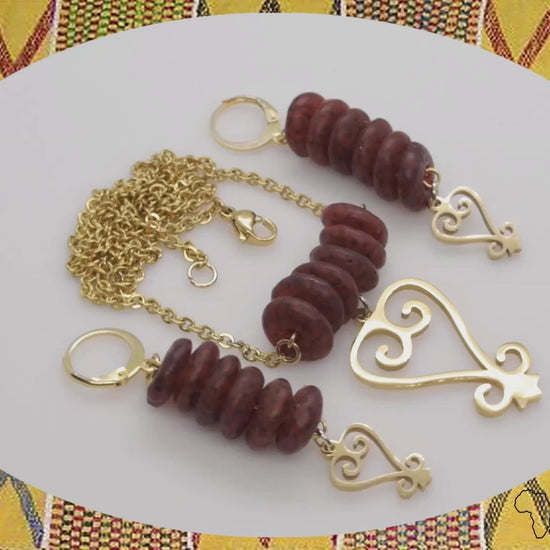 Handmade African Earrings & Adinkra Sankofa Pendant with Amber-Colored Glass Beads