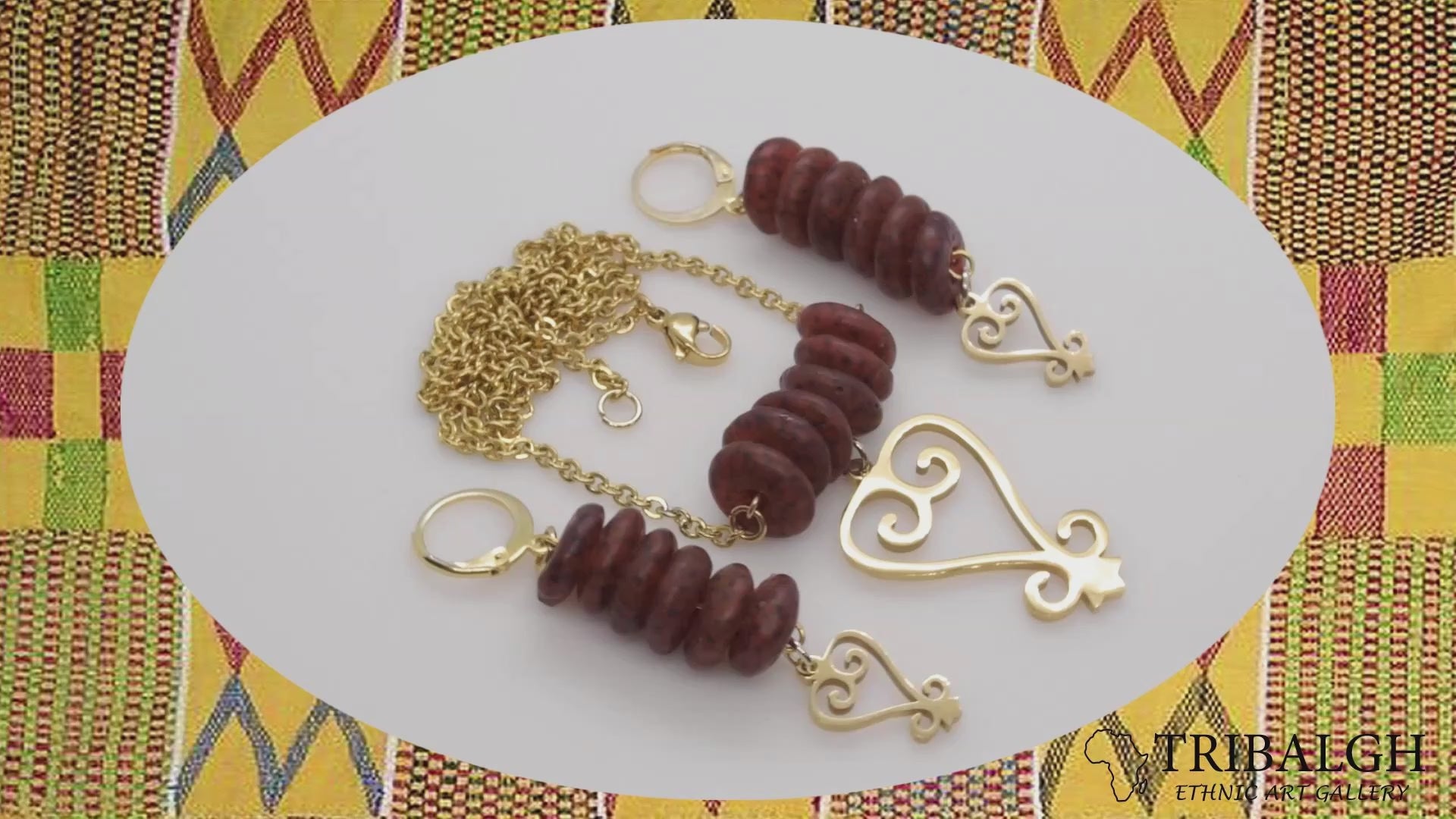 Handmade African Earrings & Adinkra Sankofa Pendant with Amber-Colored Glass Beads