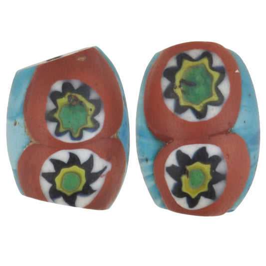 Old African trade beads oval Millefiori Venetian mosaic glass beads pair rare SB-36184