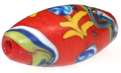 Rare Old Red "Floral" Venetian Lampwork Glass Trade Bead, 23x11mm