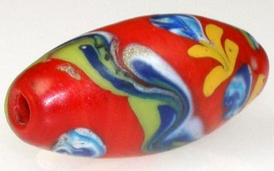 Rare Old Red "Floral" Venetian Lampwork Glass Trade Bead, 23x11mm