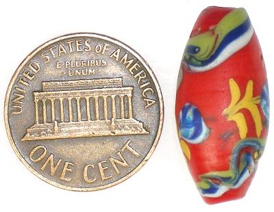 Rare Old Red "Floral" Venetian Lampwork Glass Trade Bead, 23x11mm