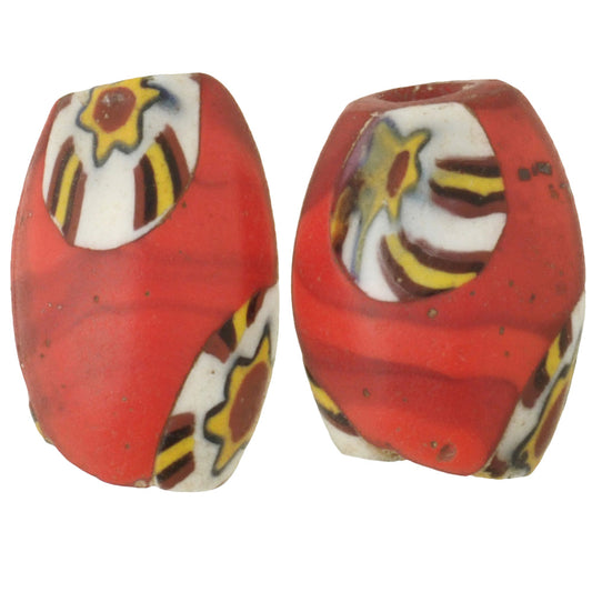 Old Matching Pair Red oval Millefiori Venetian Mosaic Glass African Trade Beads SB-30808