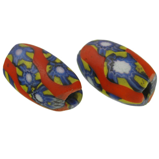 Old Matching Pair Red oval Millefiori Venetian Mosaic Glass African Trade Beads SB-26994