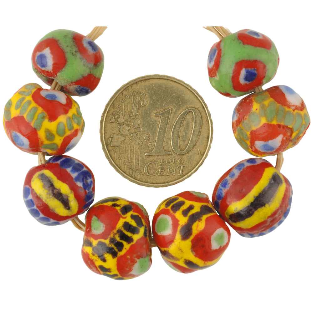 Large Size new Round Polychrome Kiffa African Glass Trade Beads Mauritania 8 pc SB-29581