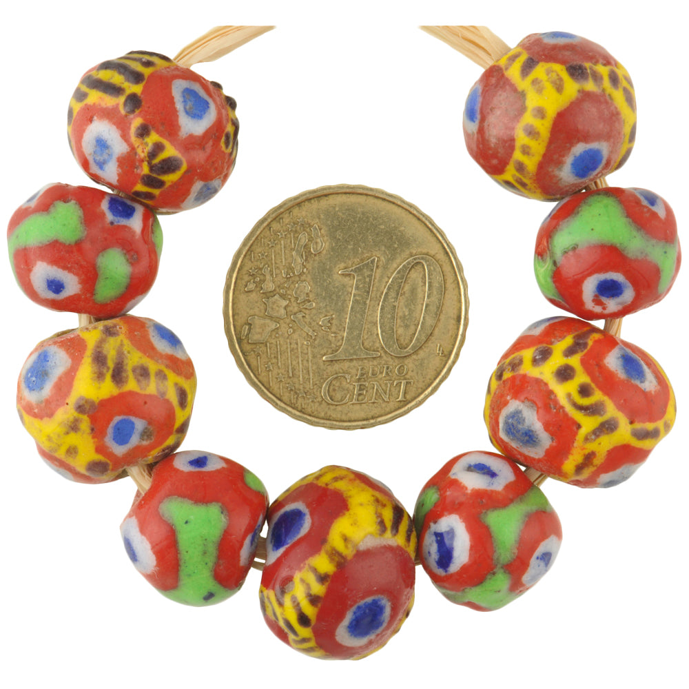 Large Size Round New Polychrome Kiffa African Glass Trade Beads Mauritania 9 pc. SB-29515