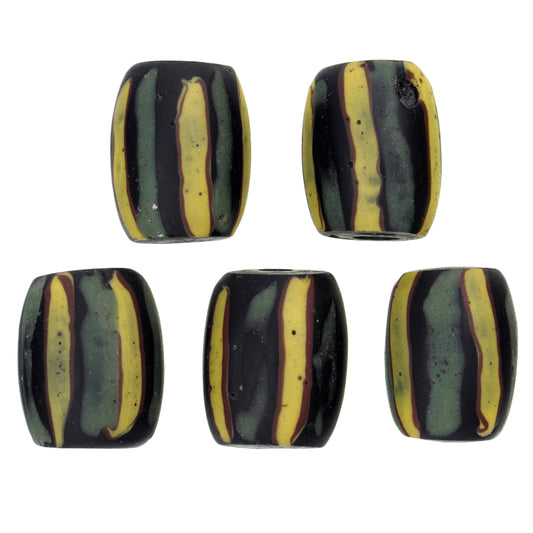 Antique Striped Black Venetian Wound Glass Trade Beads, 13x10mm, African Trade