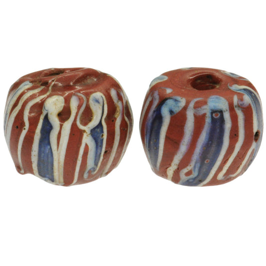 Antique Striped Brick Venetian Lampwork Glass Trade Beads, 13-14mm