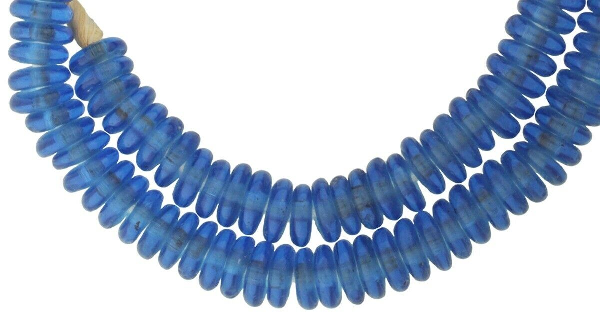 Krobo recycled glass beads handmade African trade Ghana translucent blue annular - Tribalgh