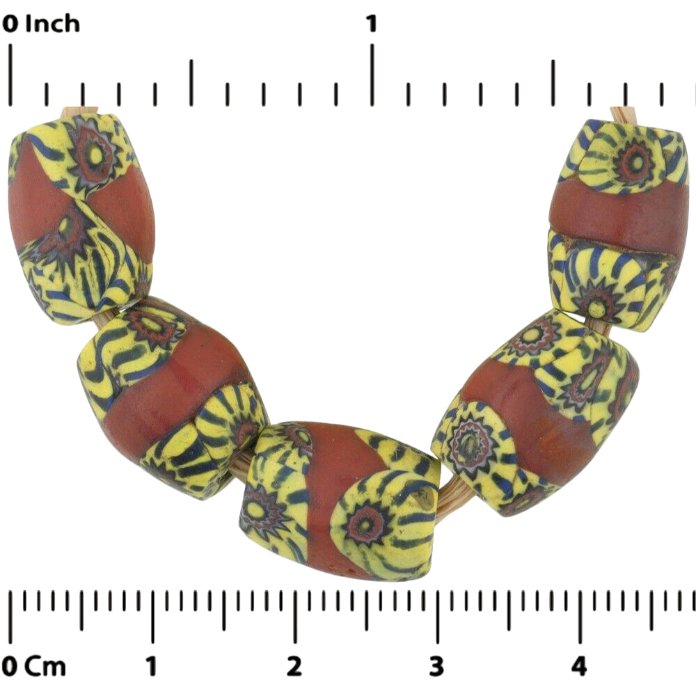 African trade beads old oval millefiori Venetian mosaic glass beads red banded - Tribalgh