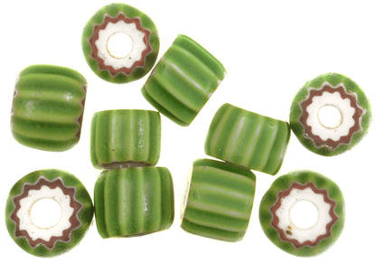 Old African trade beads Venetian green chevron 4 layers drawn glass beads Ghana SB-30870